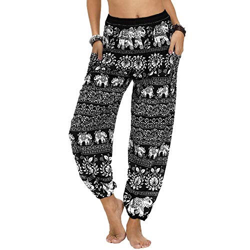 Nuofengkudu Mujer Hippies Pantalones Harem Tailandeses Boho Estampados Bolsillos Cintura Alta Baggy Yoga Pants Verano Playa Fiesta (Negro Elefante,Talla única)