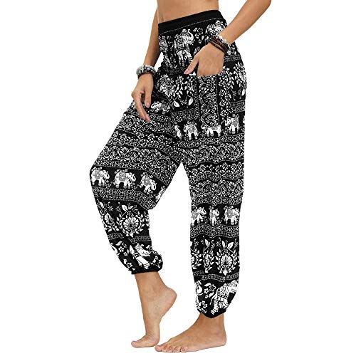Nuofengkudu Mujer Hippies Pantalones Harem Tailandeses Boho Estampados Bolsillos Cintura Alta Baggy Yoga Pants Verano Playa Fiesta (Negro Elefante,Talla única)