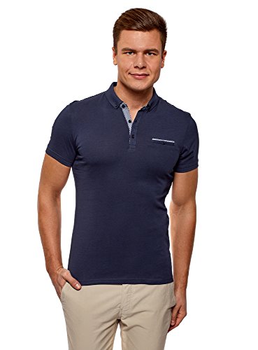 oodji Ultra Hombre Polo con Acabado en Contraste, Azul, ES 50 / M