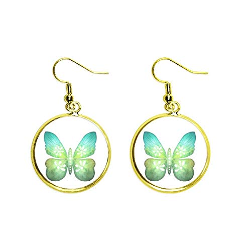 Pendientes colgantes de mariposa con diseño floral y hojas verdes para mujer