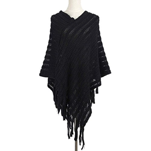 Ponchos Mujer Elegantes Vintage con Tassel Pullover Punto Otoño Invierno Mode De Marca Fashion V Cuello Anchas Casual Irregular Asimetricos Capa Sudaderas Sweater (Color : Schwarz, Size : One Size)