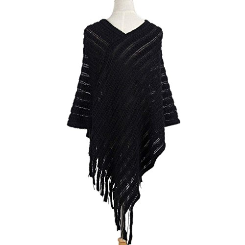 Ponchos Mujer Elegantes Vintage con Tassel Pullover Punto Otoño Invierno Mode De Marca Fashion V Cuello Anchas Casual Irregular Asimetricos Capa Sudaderas Sweater (Color : Schwarz, Size : One Size)