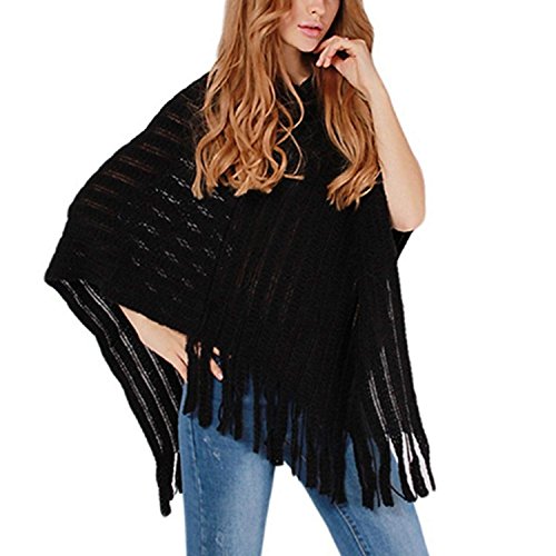 Ponchos Mujer Elegantes Vintage con Tassel Pullover Punto Otoño Invierno Mode De Marca Fashion V Cuello Anchas Casual Irregular Asimetricos Capa Sudaderas Sweater (Color : Schwarz, Size : One Size)