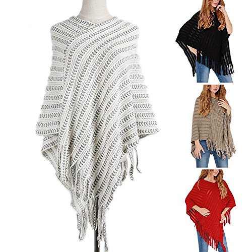 Ponchos Mujer Elegantes Vintage con Tassel Pullover Punto Otoño Invierno Mode De Marca Fashion V Cuello Anchas Casual Irregular Asimetricos Capa Sudaderas Sweater (Color : Schwarz, Size : One Size)