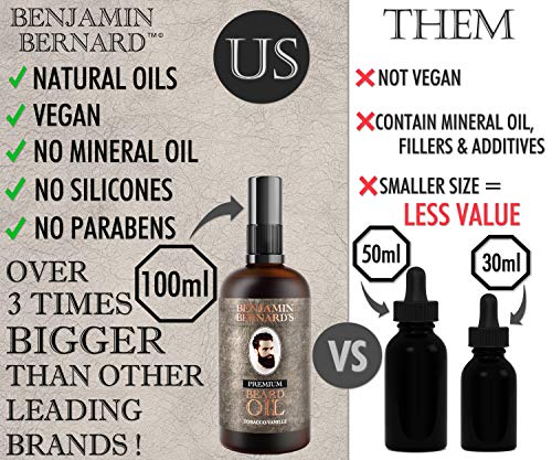 Premium Beard Oil by Benjamin Bernard - Male Grooming Blend with Essential Oils, Vitamin E - Natural Hydrating Treatment - Facial Hair Shaping Serum and Softener for Men - Tobacco Vanille - 100ml