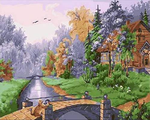 Puzzle Clásico Adulto 1000 Piezas Arte De La Pintura Al Óleo De La Opinión De La Choza Del Bosque De La Orilla Pintura Art Deco Casera