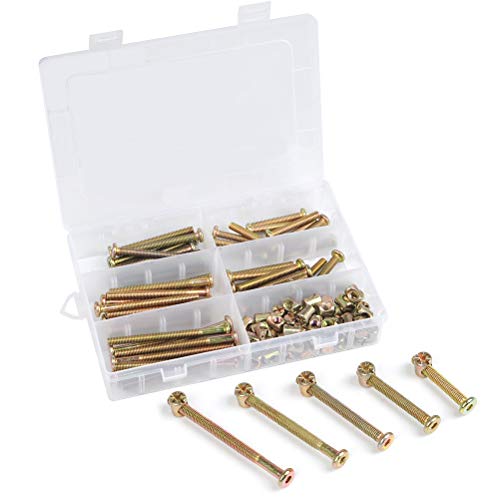 QLOUNI 100Pcs Perno Tuercas - Zinc Plateado M6 Hueca Hexagonal Tornillos Kit Barril Tornillos para Muebles Cunas Camas，Gabinete y Sillas 40mm / 50mm / 60mm / 70mm / 80mm