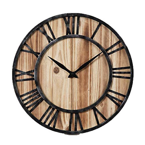 Reloj de pared grande de madera Madera Cara redonda retro Metal Manos con pilas Sin tictac Movimiento de cuarzo silencioso Relojes rústicos grandes para la decoración de estar Mantel Office Beach