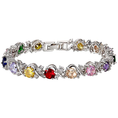 Rizilia Flor Tenis Pulsera [18cm/7inch] con Corte Redondo Piedras Preciosas Circonita CZ [Multicolor] en 18K Chapado en Oro Blanco, Elegancia Moderna Sencillo