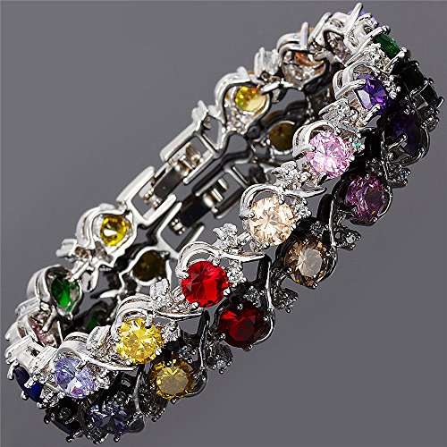 Rizilia Flor Tenis Pulsera [18cm/7inch] con Corte Redondo Piedras Preciosas Circonita CZ [Multicolor] en 18K Chapado en Oro Blanco, Elegancia Moderna Sencillo