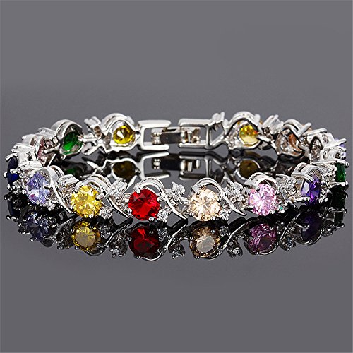 Rizilia Flor Tenis Pulsera [18cm/7inch] con Corte Redondo Piedras Preciosas Circonita CZ [Multicolor] en 18K Chapado en Oro Blanco, Elegancia Moderna Sencillo
