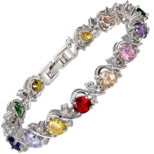 Rizilia Flor Tenis Pulsera [18cm/7inch] con Corte Redondo Piedras Preciosas Circonita CZ [Multicolor] en 18K Chapado en Oro Blanco, Elegancia Moderna Sencillo