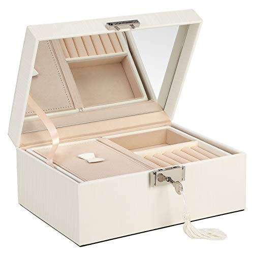 SONGMICS Caja Joyero de 2 Niveles, Estuche de Joyas con Cerradura, con Bandeja Plegable, Separador Extraíble, Marco Grueso, Regalo para los Seres Queridos, Blanco Marfil JBC232WT