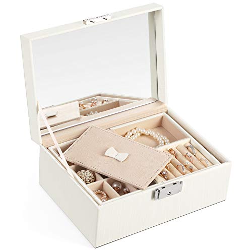 SONGMICS Caja Joyero de 2 Niveles, Estuche de Joyas con Cerradura, con Bandeja Plegable, Separador Extraíble, Marco Grueso, Regalo para los Seres Queridos, Blanco Marfil JBC232WT