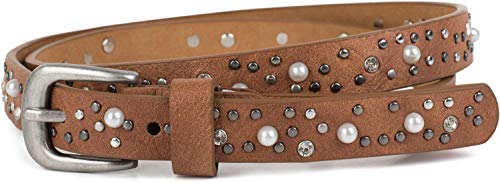 styleBREAKER cinturón fino remaches, perlas y estrás, cinturón de remaches «vintage», reducible, señora 03010086, tamaño:90cm, color:Camel