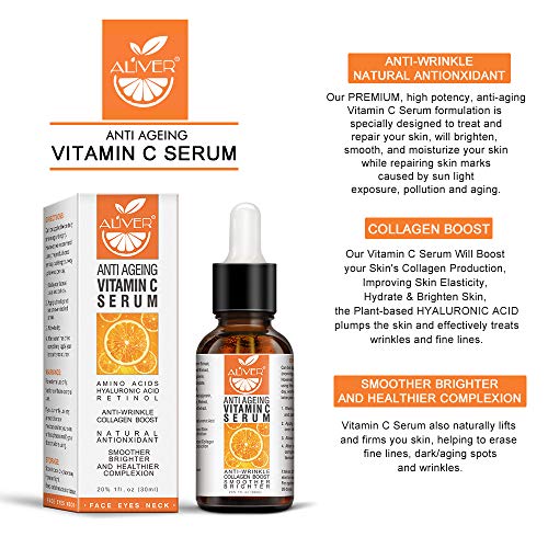 Suero de vitamina C, ácido hialurónico Cara Vitamina antiarrugas y suero antiarrugas, suero de retinol, manchas solares hidratantes y luminosas 30ml