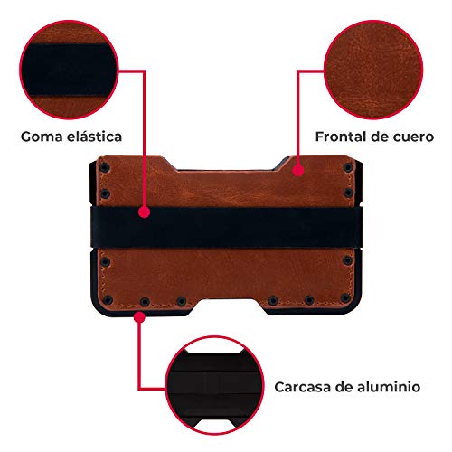 Tarjetero metálico con Bloqueo RFID para Hombre y Mujer. Cartera metálica con Cuero PU marrón pequeña, Fina y Minimalista. Tarjetero antirrobo de diseño Diferente. GOANSEE