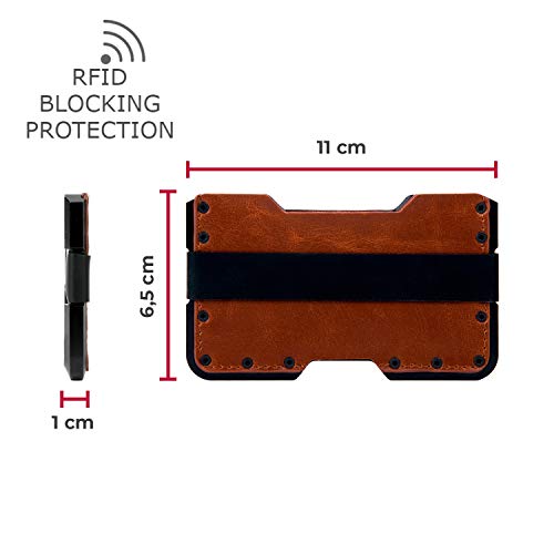 Tarjetero metálico con Bloqueo RFID para Hombre y Mujer. Cartera metálica con Cuero PU marrón pequeña, Fina y Minimalista. Tarjetero antirrobo de diseño Diferente. GOANSEE
