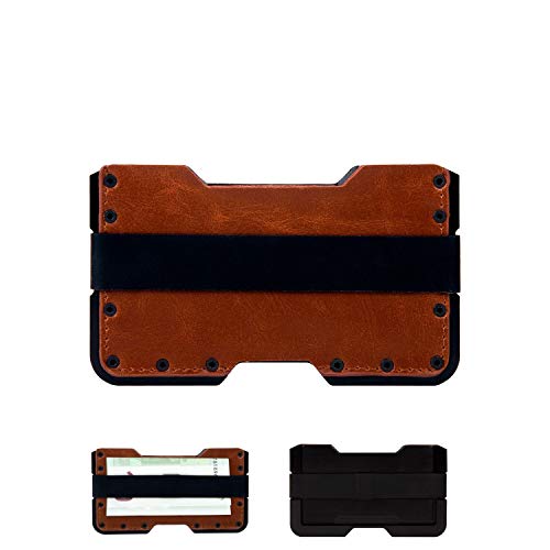Tarjetero metálico con Bloqueo RFID para Hombre y Mujer. Cartera metálica con Cuero PU marrón pequeña, Fina y Minimalista. Tarjetero antirrobo de diseño Diferente. GOANSEE