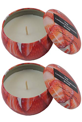THE LONDON FRAGRANCE STORE - Vela Perfumada Paquete Doble - Aceites Aromáticos Sensación Veraniega de Fresa - Nuestra Cera Dura Más - Mecha de Algodón - 77 mm Diámetro Rojo