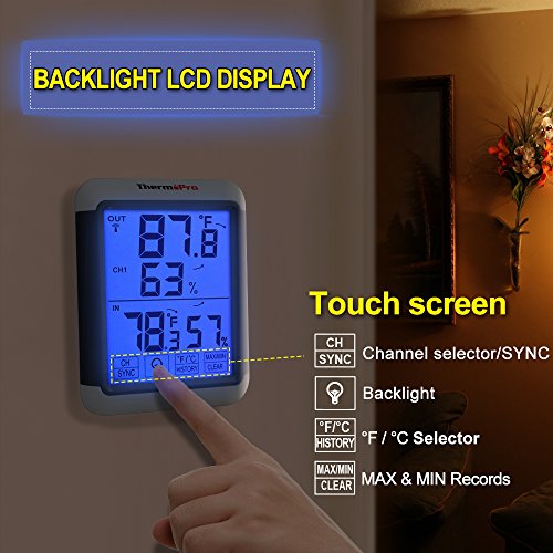 ThermoPro TP65 Termómetro Higrómetro Digital para Interior y Exterior Medidor de Humedad y Temperatura Inalámbrico con Pantalla Táctil Grande y Retroiluminación