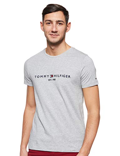 Tommy Hilfiger Logo T-Shirt Camiseta Informal, Gris (Cloud Htr 501), Small para Hombre