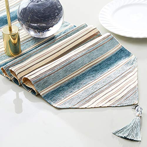Top Finel Rayas de Color Corredor de la Tabla de Mezcla Camino con borlas para la Cena artística Fiesta decoración de la Boda Mesa de Comedor Manera(33cmX180cm) Verde Azulado