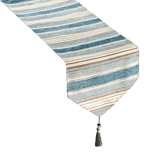 Top Finel Rayas de Color Corredor de la Tabla de Mezcla Camino con borlas para la Cena artística Fiesta decoración de la Boda Mesa de Comedor Manera(33cmX180cm) Verde Azulado