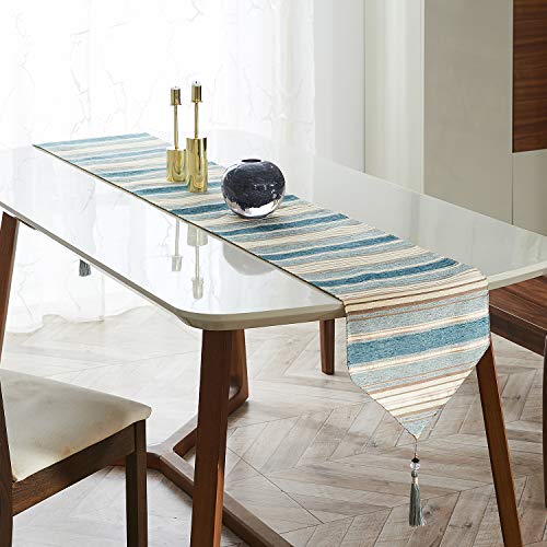 Top Finel Rayas de Color Corredor de la Tabla de Mezcla Camino con borlas para la Cena artística Fiesta decoración de la Boda Mesa de Comedor Manera(33cmX180cm) Verde Azulado