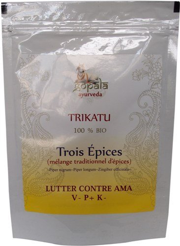 Trikatu Ecológico (Piper nigrum, Piper longum, Zingiber officinale) en polvo, Certificado ecológico por LACON GmbH en Europa, Fórmula Ayurveda para perder peso, Perder peso, Quema grasas, Quema toxinas, Mejora la digestión, En polvo 100 gr