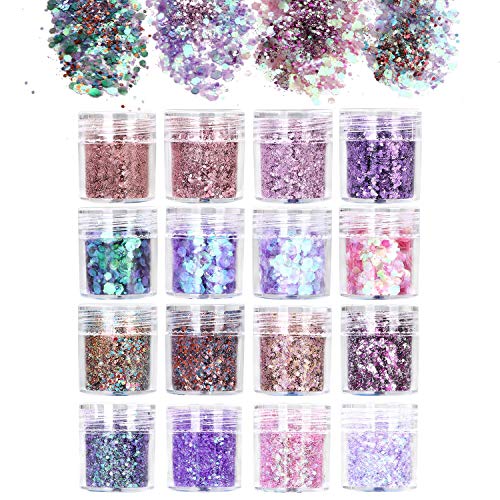 URAQT 16 Colores Purpurinas Polvo, Chunky Glitter Flakes Paillette Brillante Decoración para Cara Maquillaje Pelo Arte Corporal Uñas y Mejilla-B