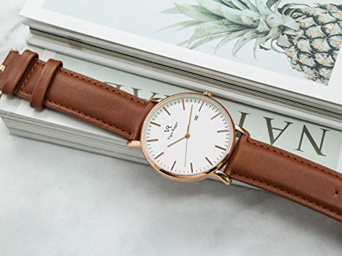 Vigor Rigger Reloj para Hombre Reloj para Mujer Ultra Fino Reloj analógico Cuarzo Movimiento Señora Reloj Fecha Calendario Pantalla Correa de Cuero 30M Resistente al Agua