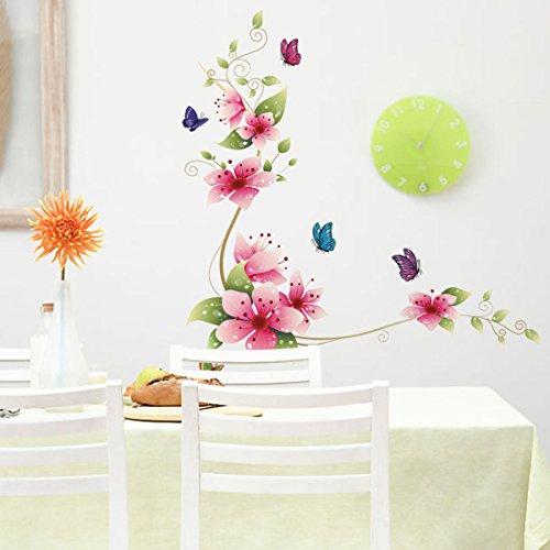 Vinilo Adhesivo para Pared con diseño de Mariposas y Flores Rosas, de 64 x 62 cm