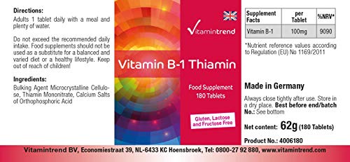 Vitamina B1 Tiamina 100mg –Bote para ¡6 MESES! – 180 comprimidos de vitamina B – altas dosis de tiamina – para el metabolismo– energía