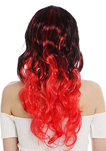 WIG ME UP- DEC203-P103-13 Peluca Carnaval Halloween Mujeres Pelo Largo Ondulado Negro con Puntas Rojas Raya en Medio Diabla Bruja