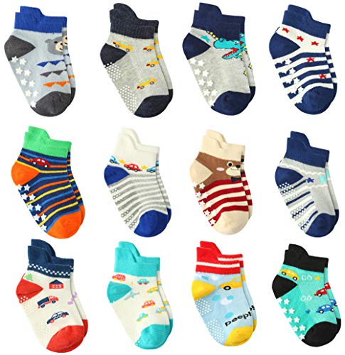 Wobon 12 Pares de Calcetines Antideslizantes de ABS Bebé Chicos con Asas, Calcetines Antideslizantes para Niños Pequeños (12 pares A, 3-5 años)