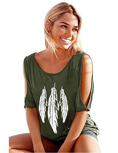 YIPIN Mujer Casual Camiseta Manga Corta Sin Tirantes Verano Estampado de Plumas Suelto T-Shirt Tops (L, Verde)