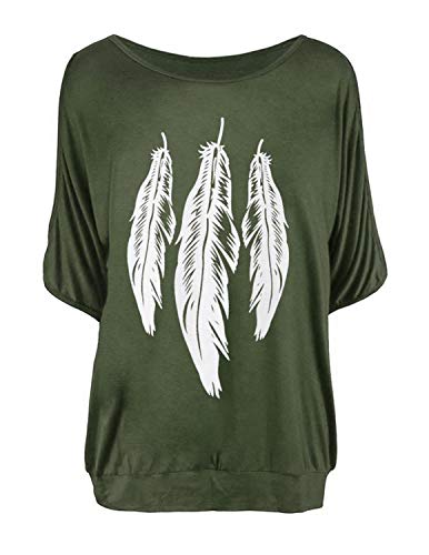 YIPIN Mujer Casual Camiseta Manga Corta Sin Tirantes Verano Estampado de Plumas Suelto T-Shirt Tops (L, Verde)