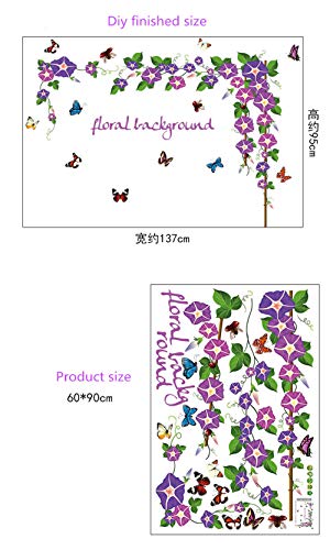 ZWXDMY Decorativas Pegatinas De Pared,Violeta Morning Glory Vides Flores Fondo Floral Mariquita Mariposa Impermeable Extraíble Decoración Dormitorio Salón Cartel Mural