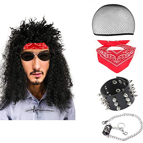 Beelittle 80s para Hombre Largo Rizado Negro Hard Rocker Peluca Traje Conjunto Heavy Metal Halloween temáticos Partido Peluca Accesorios