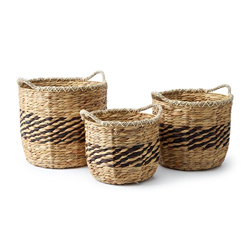 Black Velvet Studio Set 3 cestos Bangkok Paja, Color Natural y Negro. Circular, Textura Natural Muy Atractiva, Producto Artesano 30x34x34 cm.