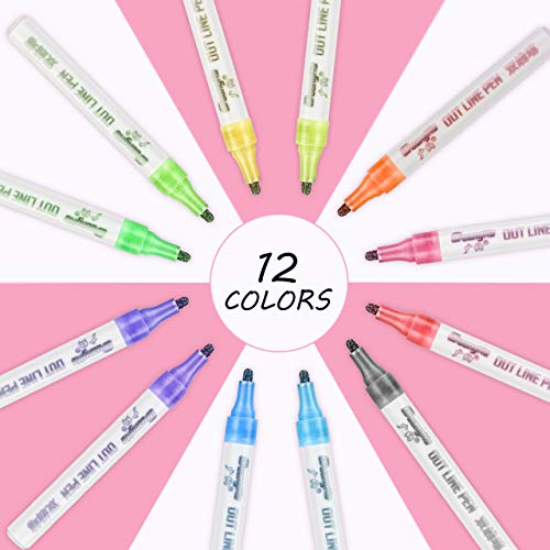 Bolígrafos de contorno, RATEL 12 colores Plumas de pintura acrílica Plata Metalizada Rotuladores doble linea para escribir tarjetas/álbumes de recortes/pintura/manualidades de bricolaje
