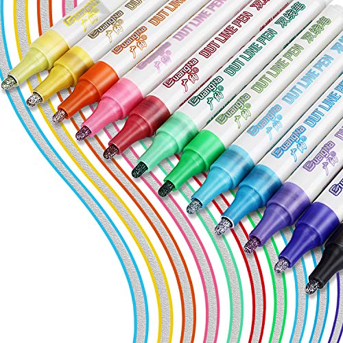 Bolígrafos de contorno, RATEL 12 colores Plumas de pintura acrílica Plata Metalizada Rotuladores doble linea para escribir tarjetas/álbumes de recortes/pintura/manualidades de bricolaje