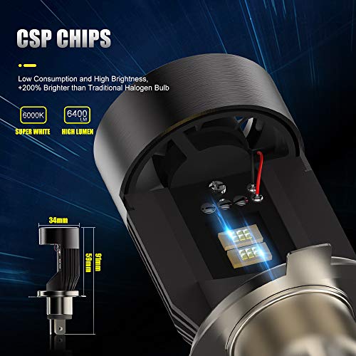Bombilla H4 LED para Moto con Ojos de Angel, 6400LM Moto LED Faro,DC 12V 1 Lámpara