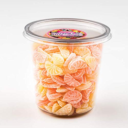 Bote Gajitos Naranja y Limón La Asturiana - Pequeño bote con medio kilo (500gr), clásica gragea artesana en forma gajitos, sabores naranja y limón, sin gluten