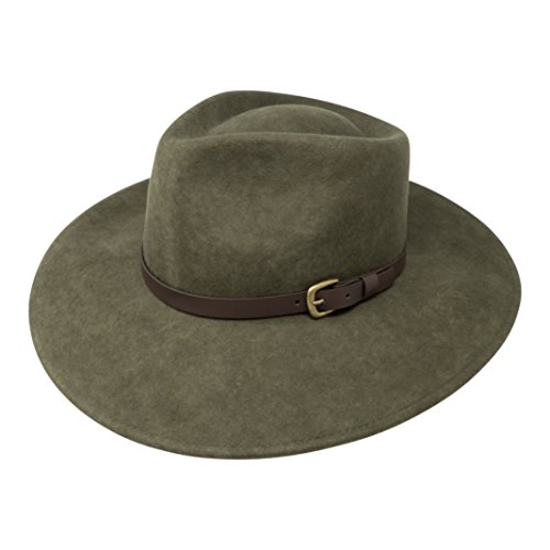 B&S Premium Lewis - Sombrero de ala Ancha Fedora - 100% Fieltro de Lana - Resistente al Agua - Banda de Piel - Verde Oscuro 54cm