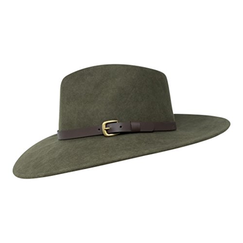 B&S Premium Lewis - Sombrero de ala Ancha Fedora - 100% Fieltro de Lana - Resistente al Agua - Banda de Piel - Verde Oscuro 54cm