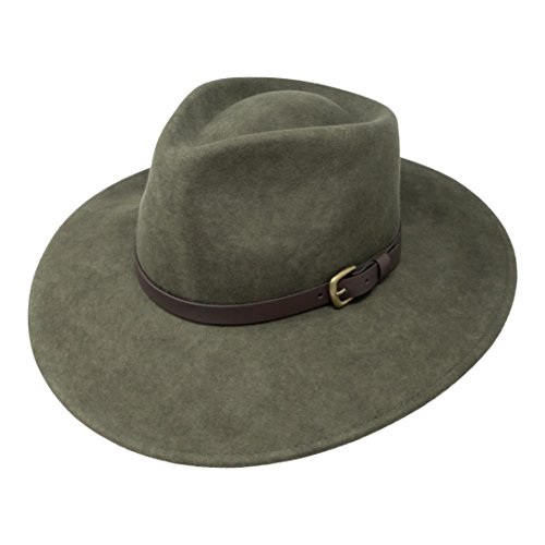 B&S Premium Lewis - Sombrero de ala Ancha Fedora - 100% Fieltro de Lana - Resistente al Agua - Banda de Piel - Verde Oscuro 54cm