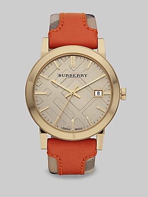 Burberry Reloj, Swiss de la mujer Compruebe tela de Haymarket y suave color naranja correa de piel 38 mm BU9016
