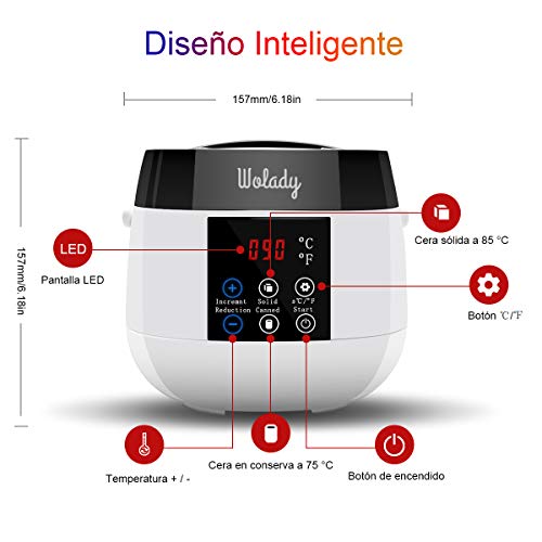 Calentador de Cera Aplicación Eléctrica Wolady Kit de Eliminación de Cera Caliente Depilatory Cera 500ml 4 Paquetes Granos Cera 10 Palillos Spa Cara para Brazos Axilas Piernas Bikini Pantalla Digital